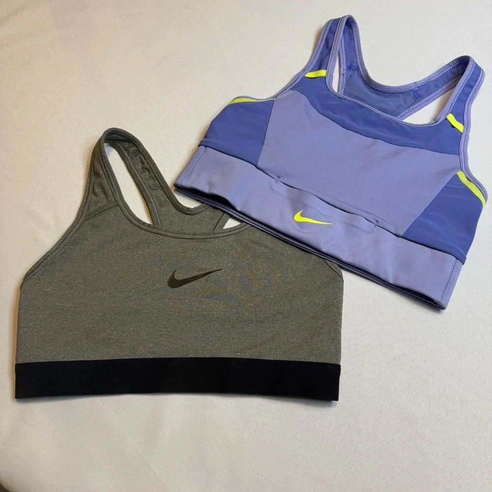 NIKE Set/2 Dri-Fit Purple/Gray Racer Back Swoosh‎ Icon Athleisure Sports Bra XS